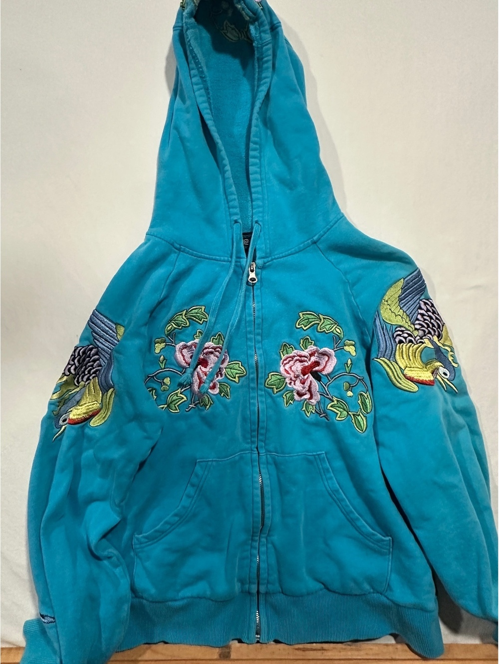 Von Dutch Kustom Made Originals Embroidered Bird Floral Zip Hoodie Turquoise M